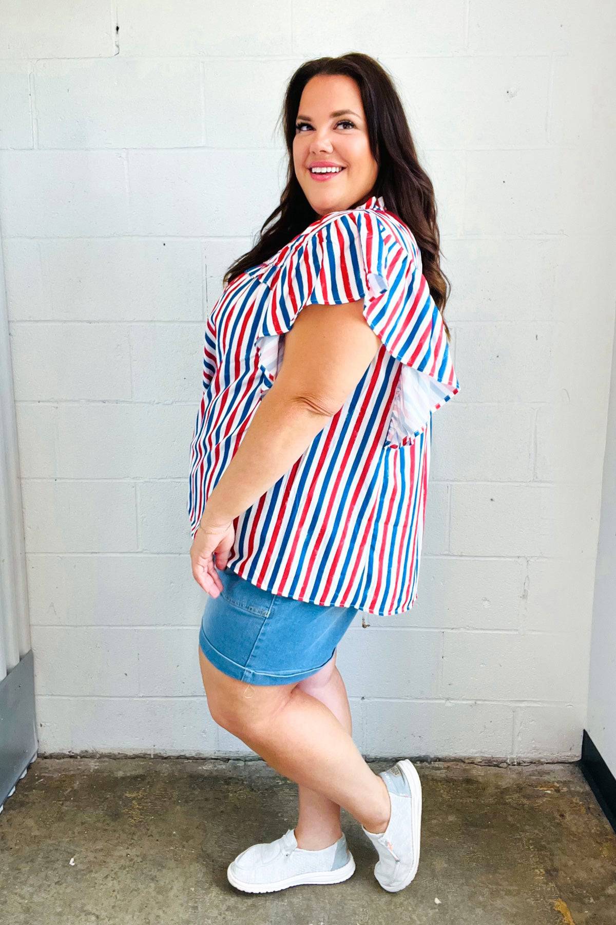 American Red White & Blue Stripe Shirred Yoke Neck Top - Luxe Mod 