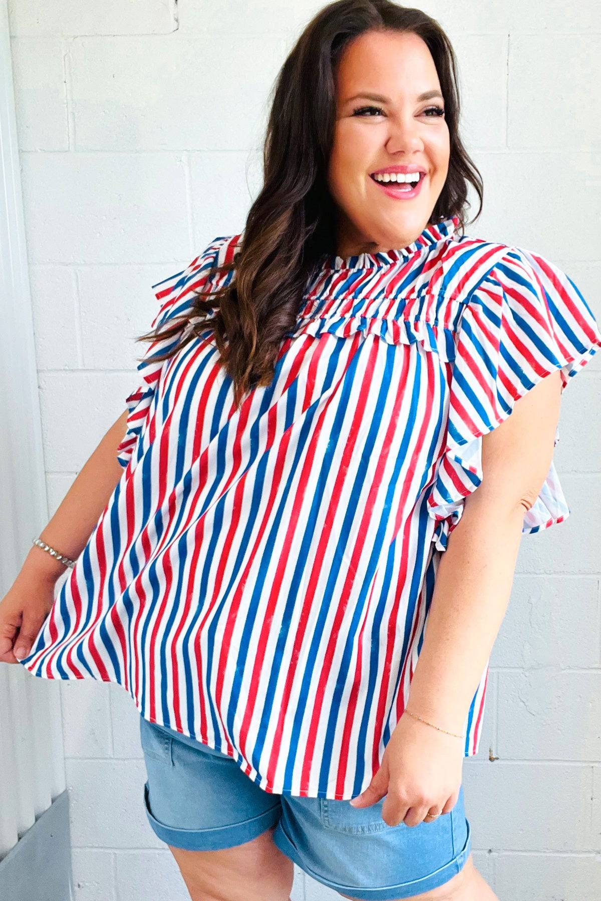 American Red White & Blue Stripe Shirred Yoke Neck Top - Luxe Mod 