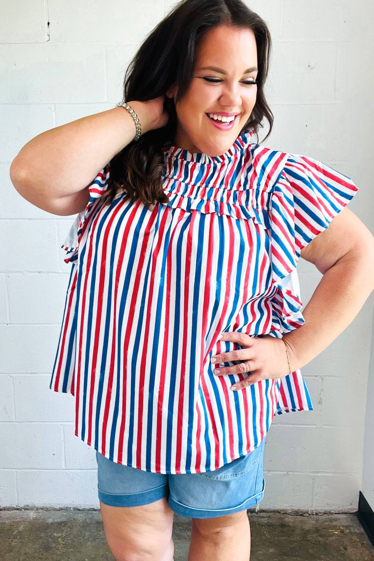 American Red White & Blue Stripe Shirred Yoke Neck Top - Luxe Mod 