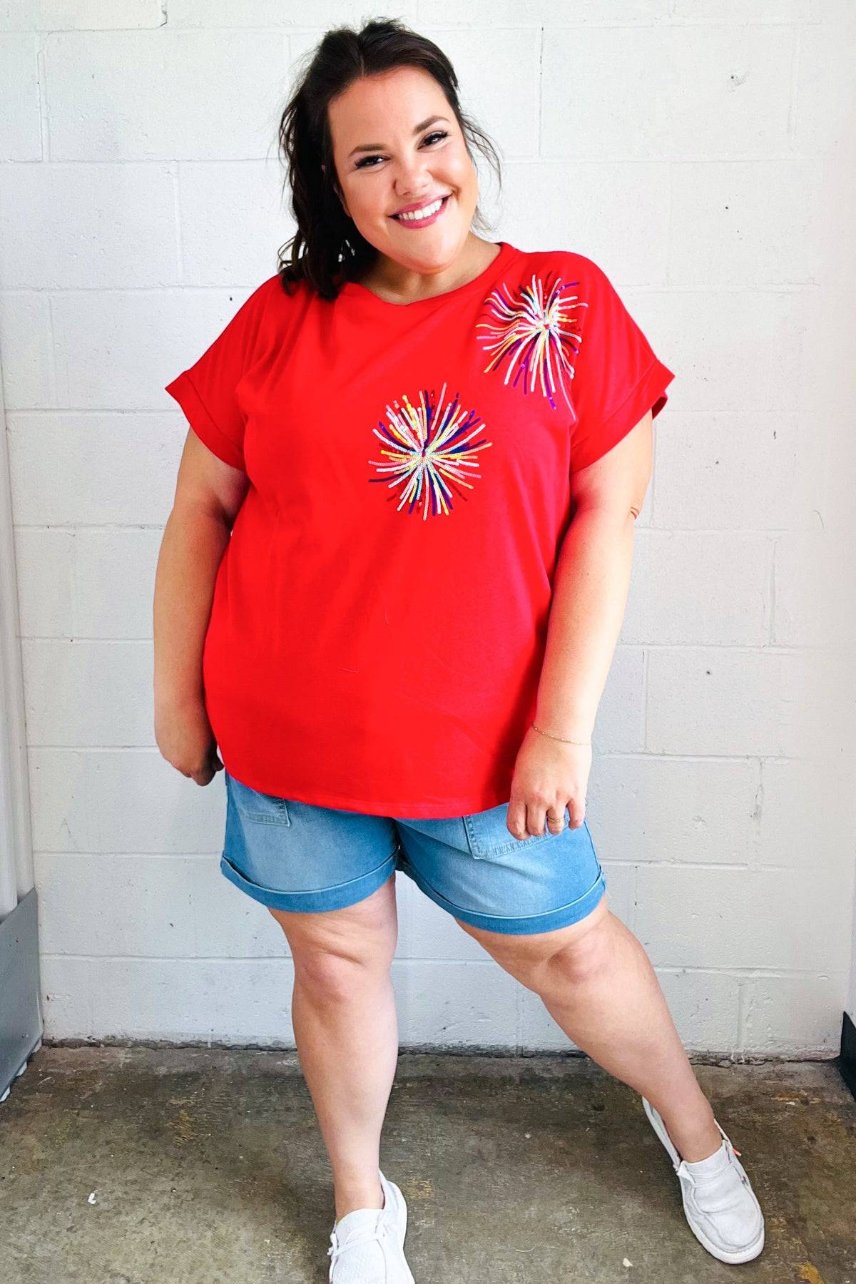 Light Me Up Red Sequin Firework Dolman Top - Luxe Mod 