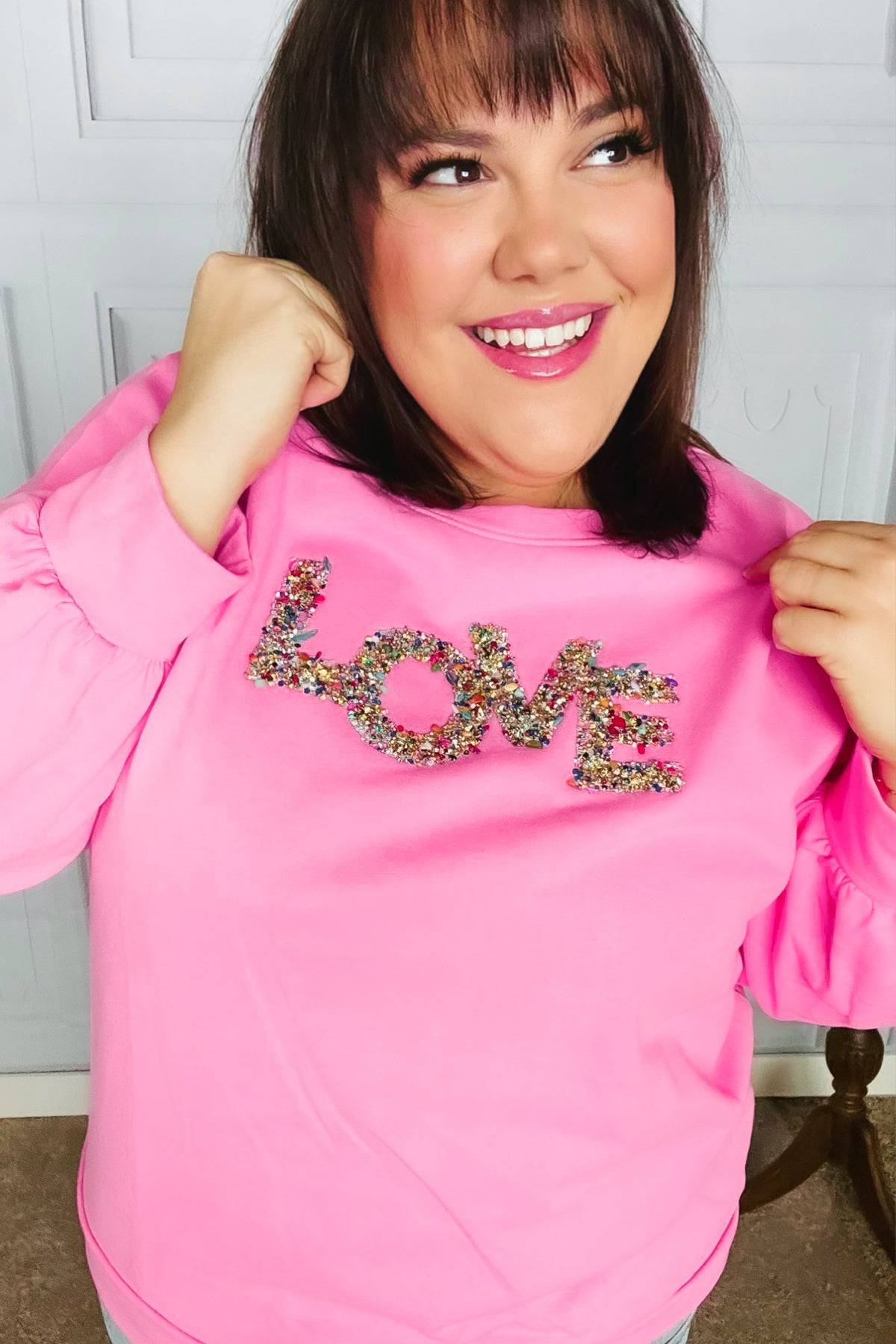 Pink "LOVE" Jewel Beaded Patch Pullover Top