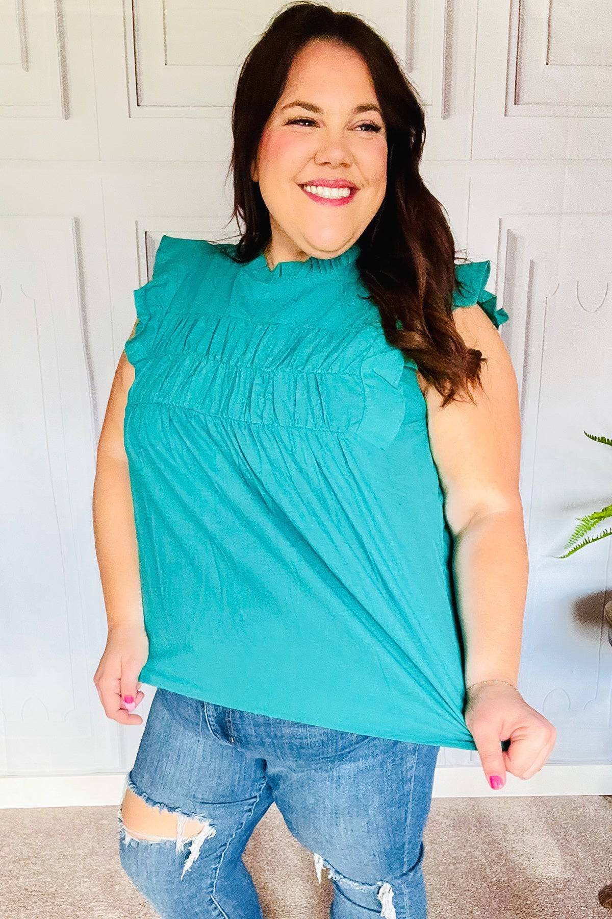 Love Life Cotton Turquoise Frill Mock Neck Flutter Sleeve Top - Luxe Mod 