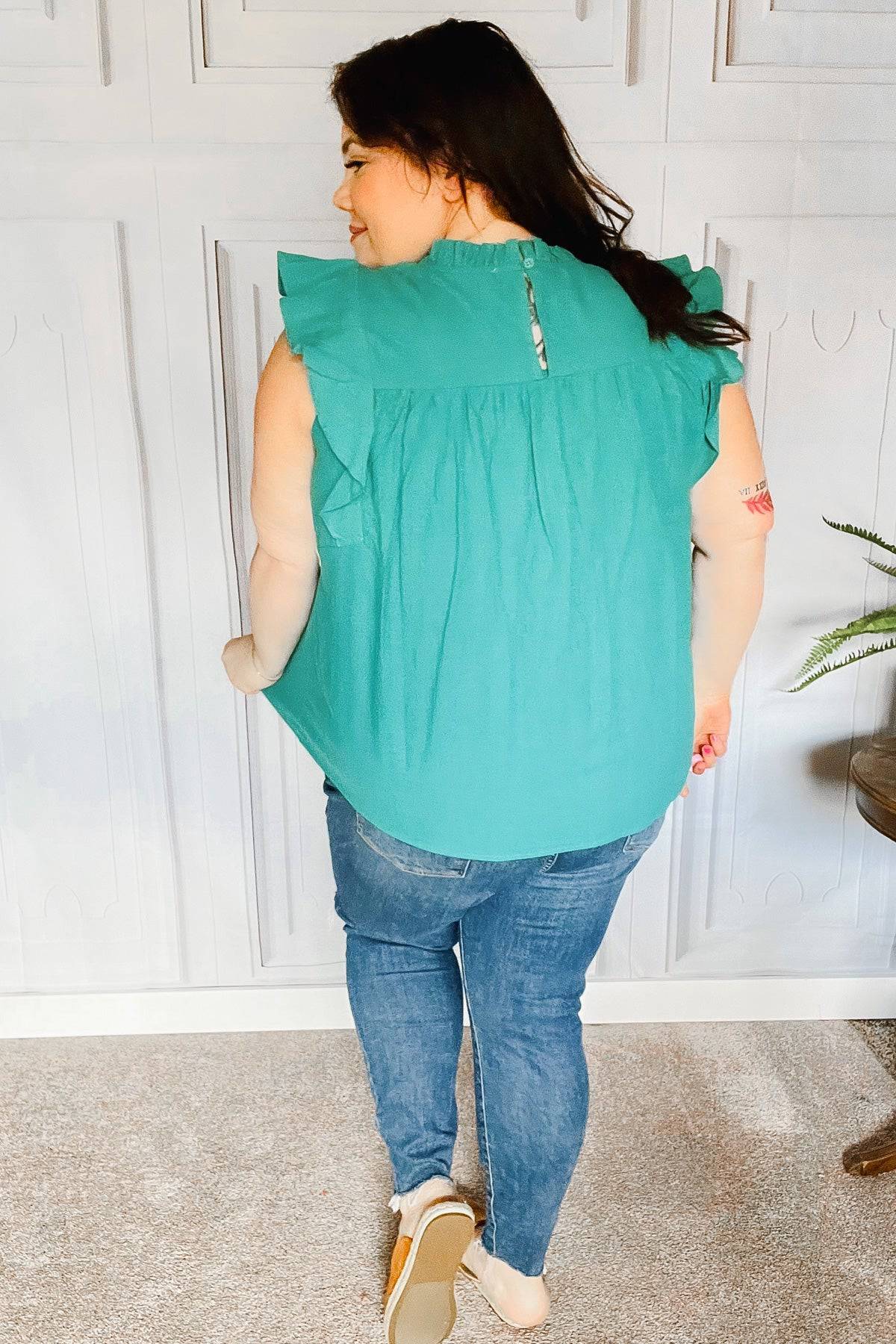 Love Life Cotton Turquoise Frill Mock Neck Flutter Sleeve Top - Luxe Mod 