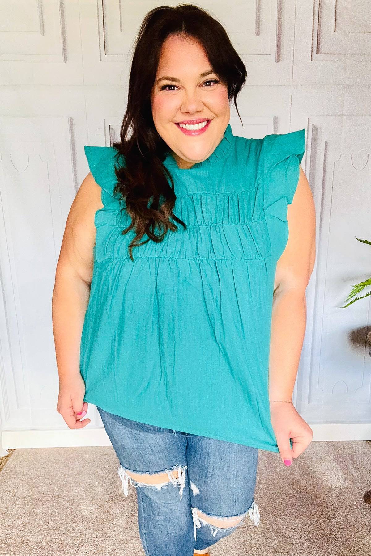 Love Life Cotton Turquoise Frill Mock Neck Flutter Sleeve Top - Luxe Mod 