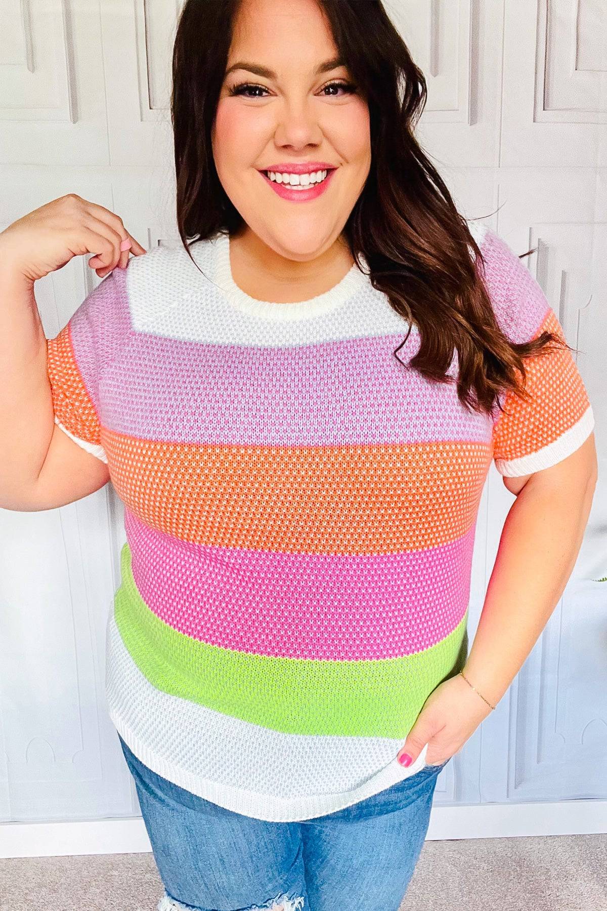 Get Started Lavender & Orange Stripe Jacquard Sweater Top - Luxe Mod 