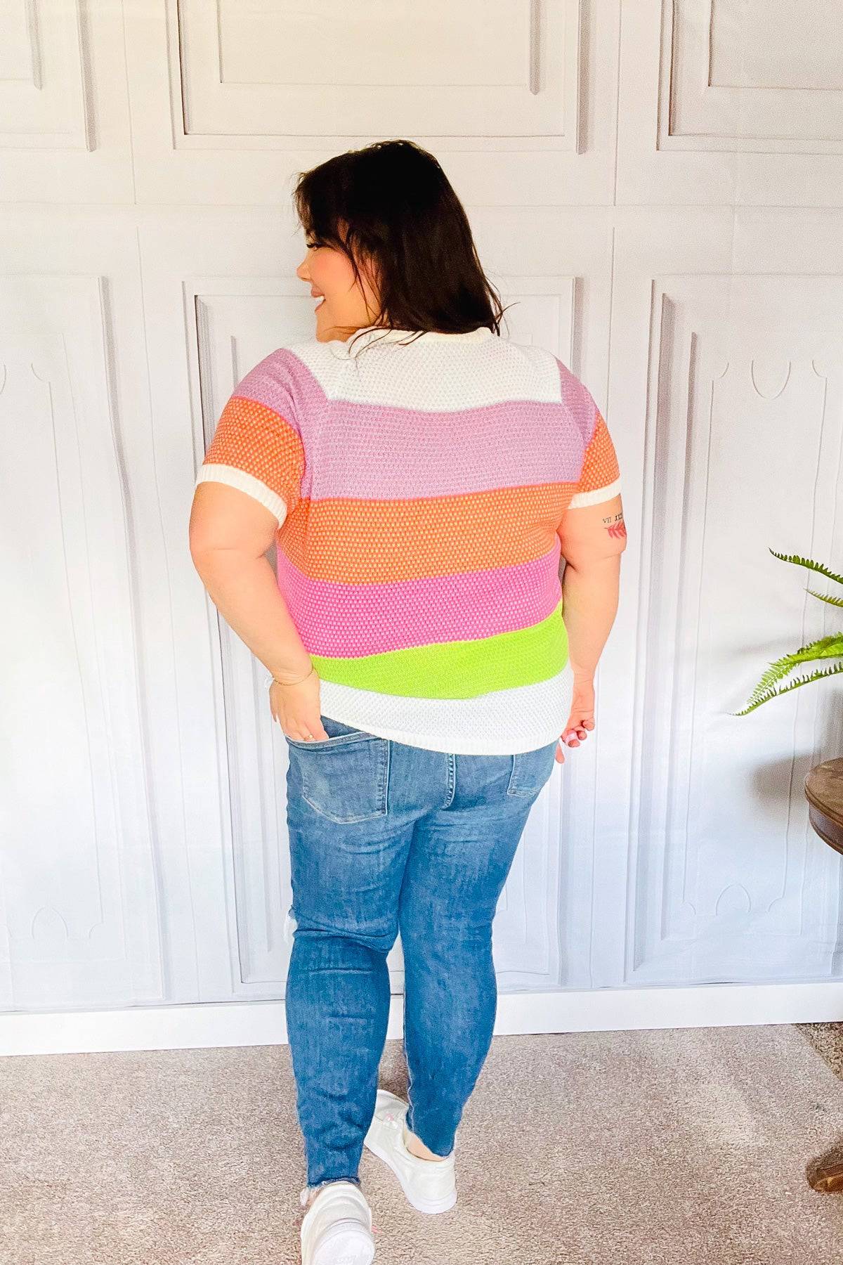 Get Started Lavender & Orange Stripe Jacquard Sweater Top - Luxe Mod 