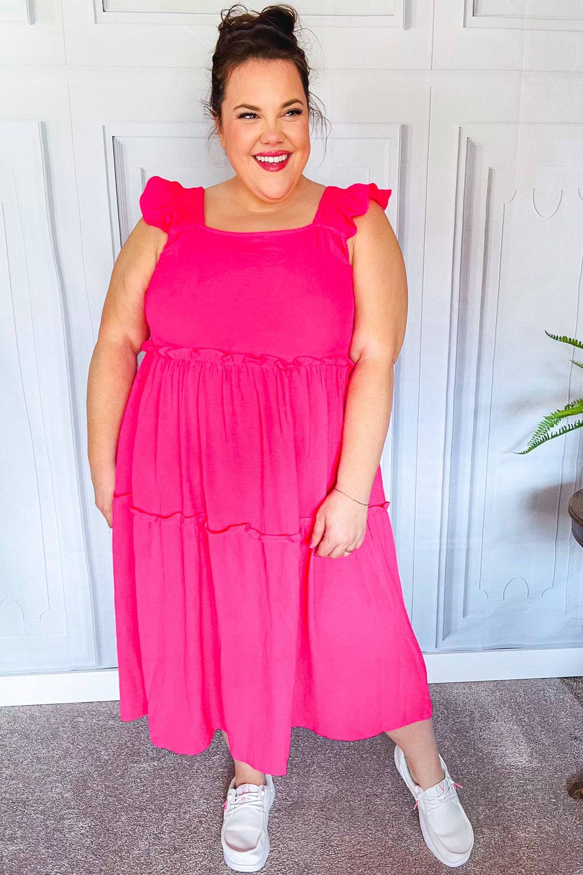 Lots To Love Fuchsia Smocked Flutter Sleeve Tiered Midi Dress - Luxe Mod 