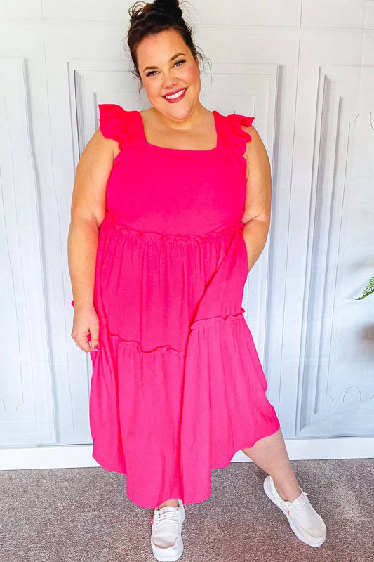 Lots To Love Fuchsia Smocked Flutter Sleeve Tiered Midi Dress - Luxe Mod 