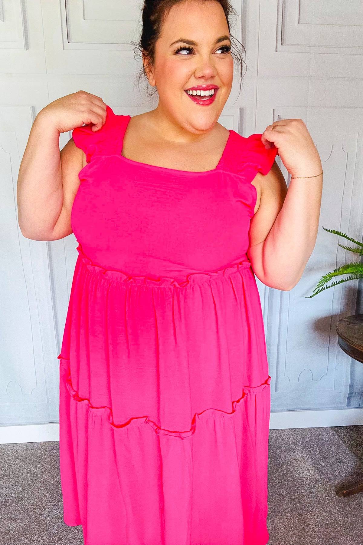 Lots To Love Fuchsia Smocked Flutter Sleeve Tiered Midi Dress - Luxe Mod 