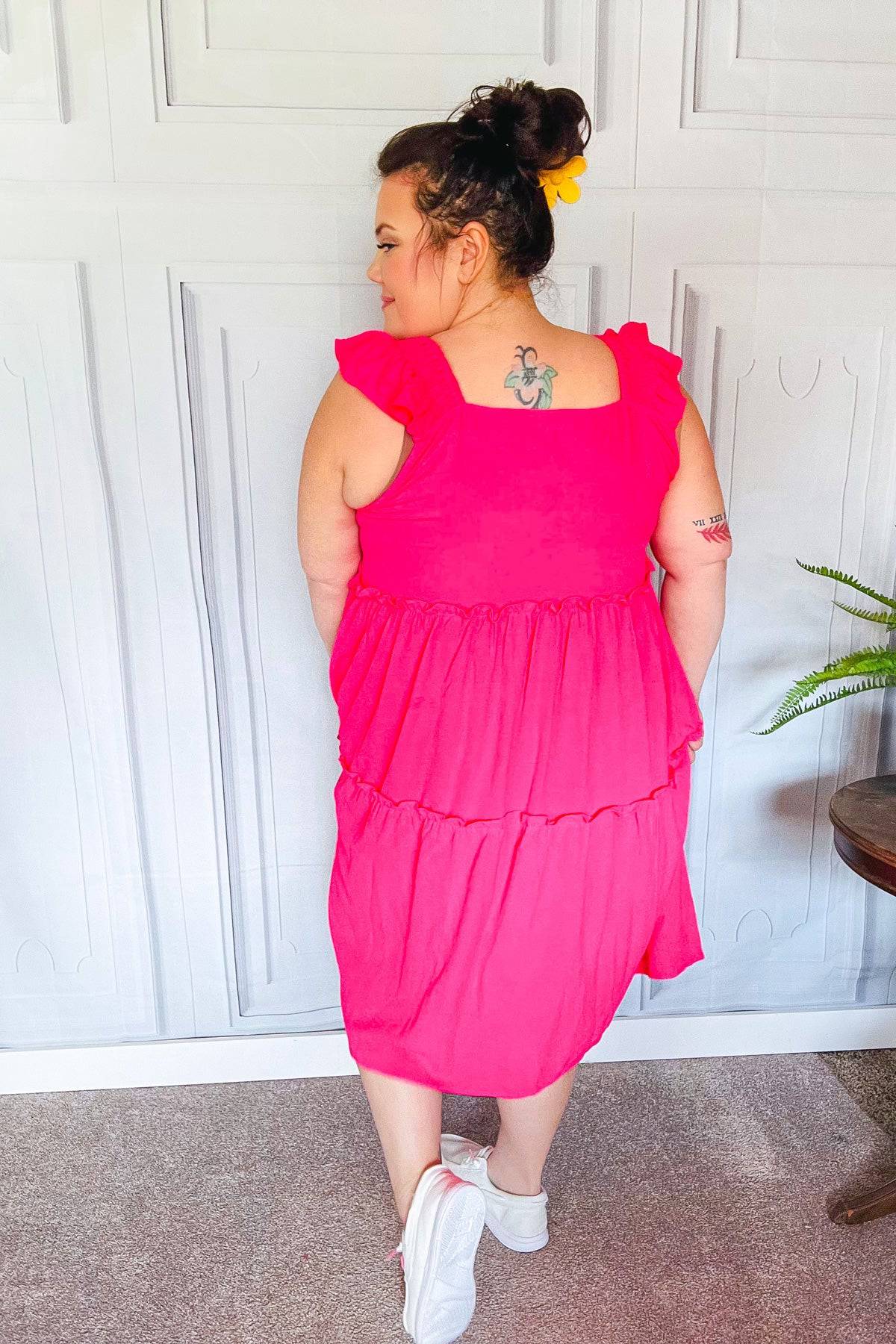 Lots To Love Fuchsia Smocked Flutter Sleeve Tiered Midi Dress - Luxe Mod 