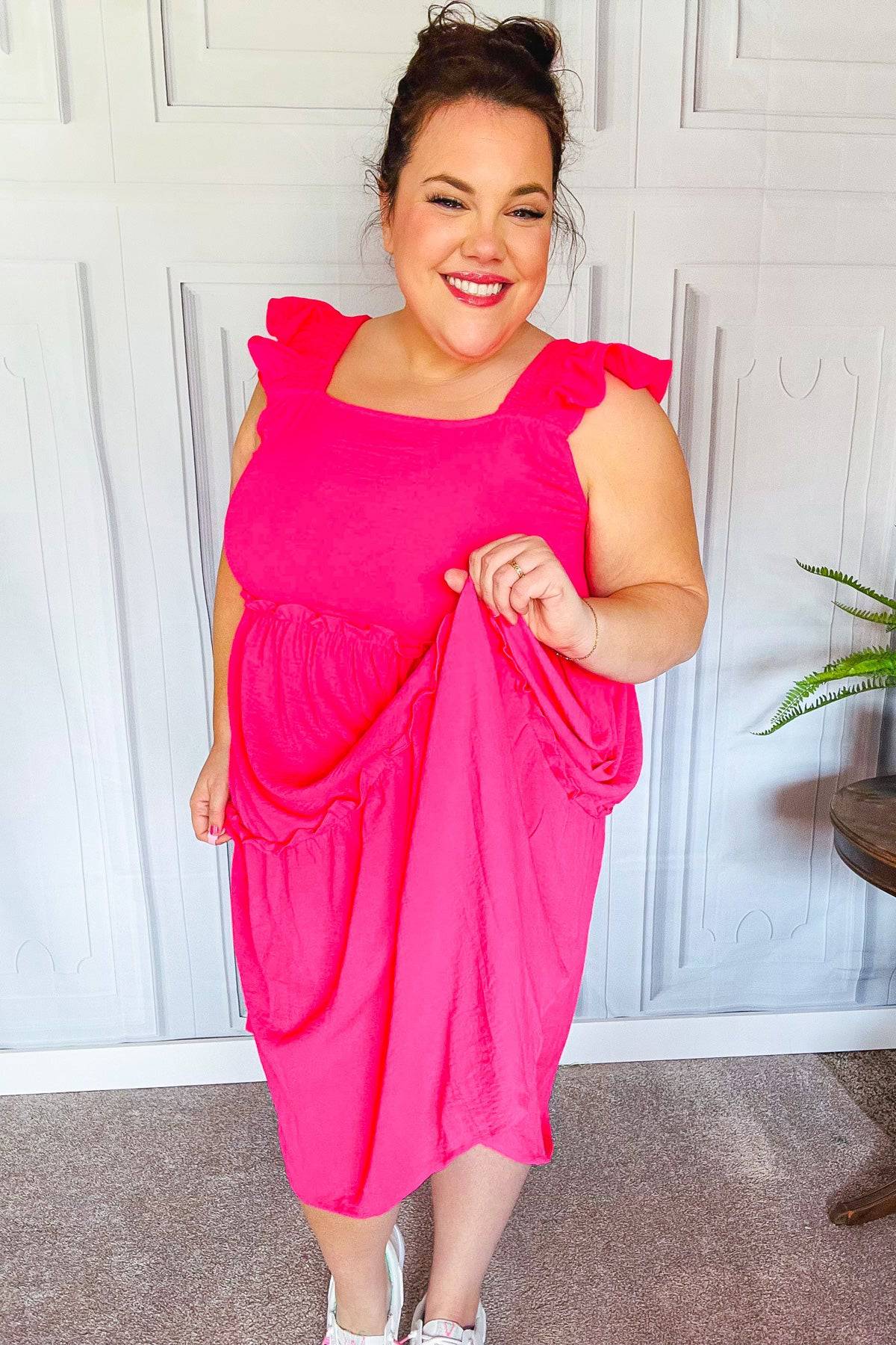 Lots To Love Fuchsia Smocked Flutter Sleeve Tiered Midi Dress - Luxe Mod 