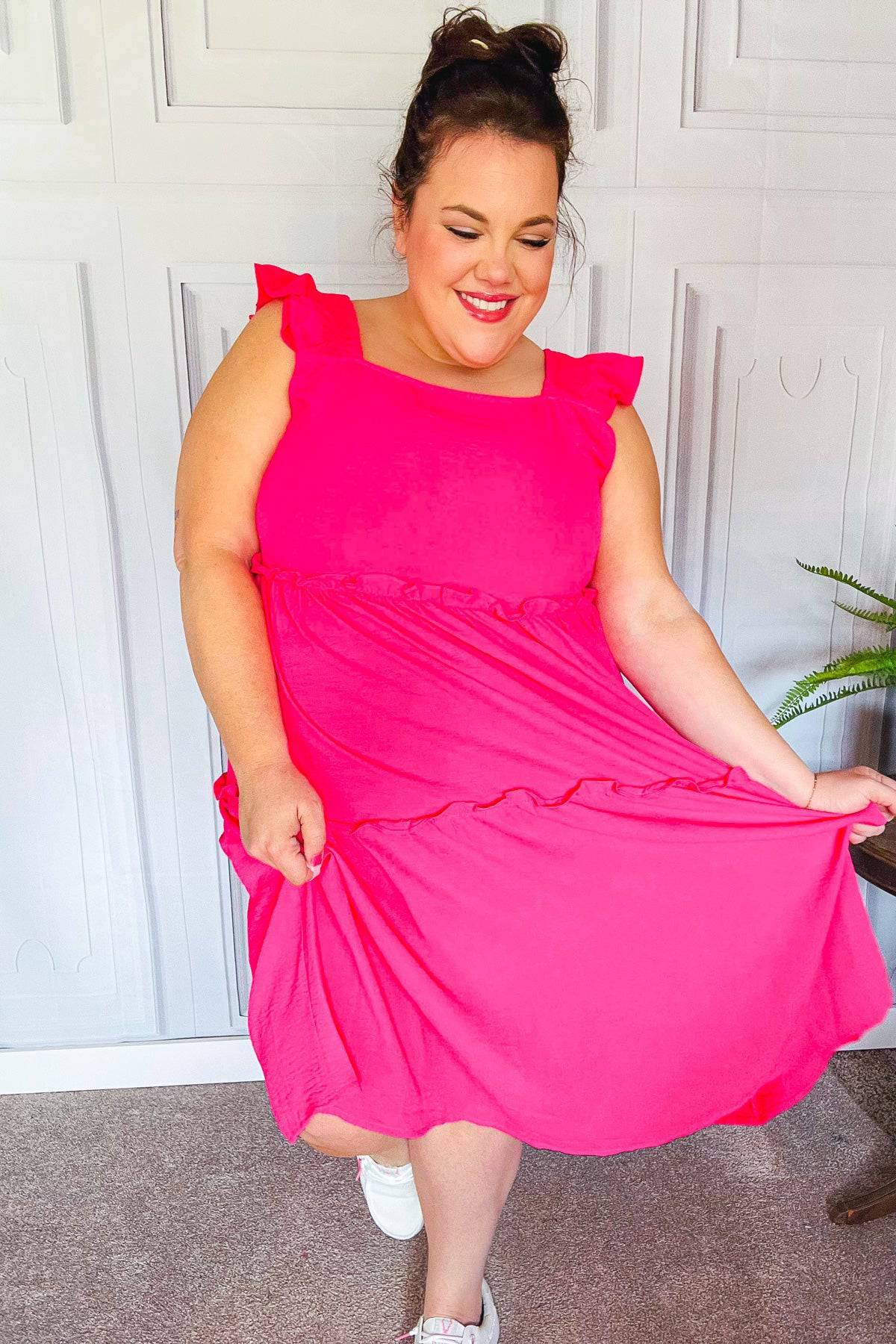 Lots To Love Fuchsia Smocked Flutter Sleeve Tiered Midi Dress - Luxe Mod 