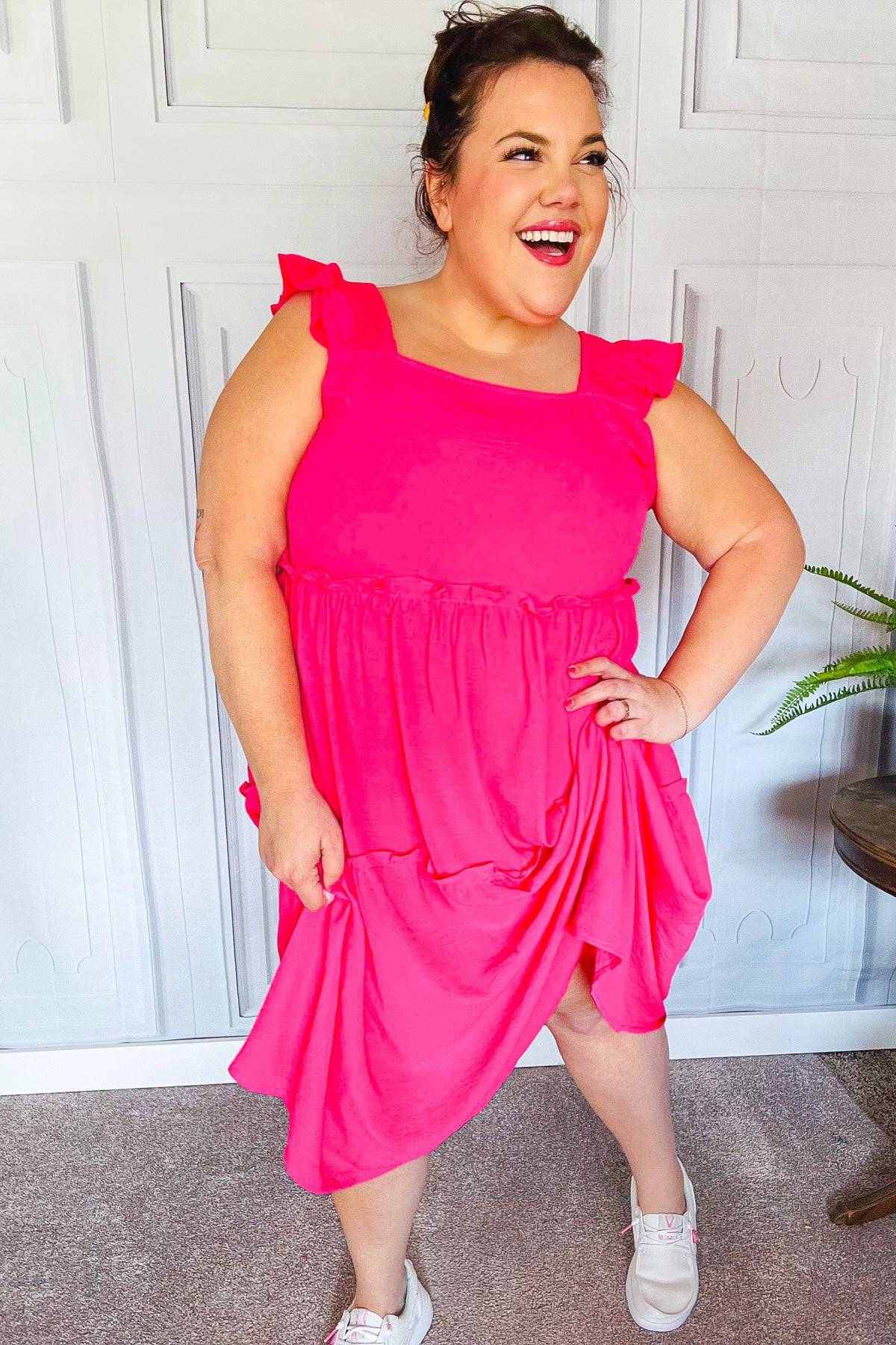 Lots To Love Fuchsia Smocked Flutter Sleeve Tiered Midi Dress - Luxe Mod 