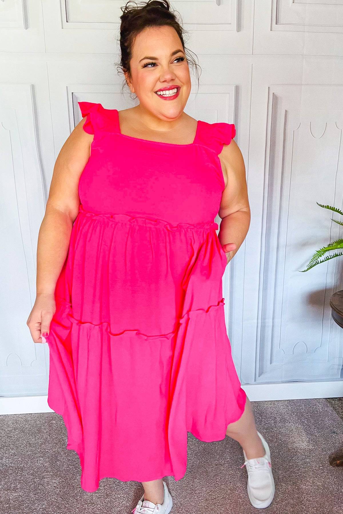 Lots To Love Fuchsia Smocked Flutter Sleeve Tiered Midi Dress - Luxe Mod 