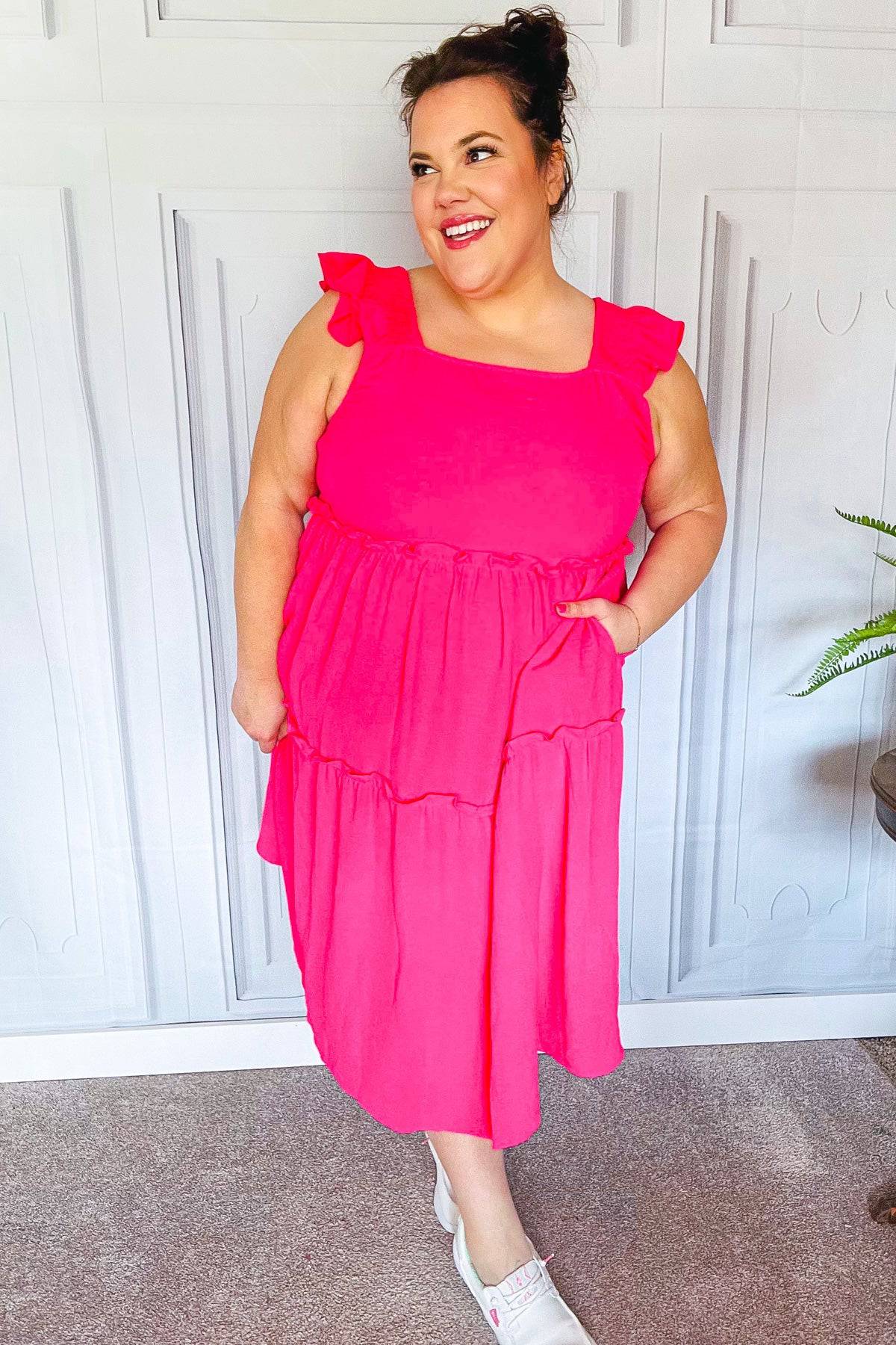 Lots To Love Fuchsia Smocked Flutter Sleeve Tiered Midi Dress - Luxe Mod 