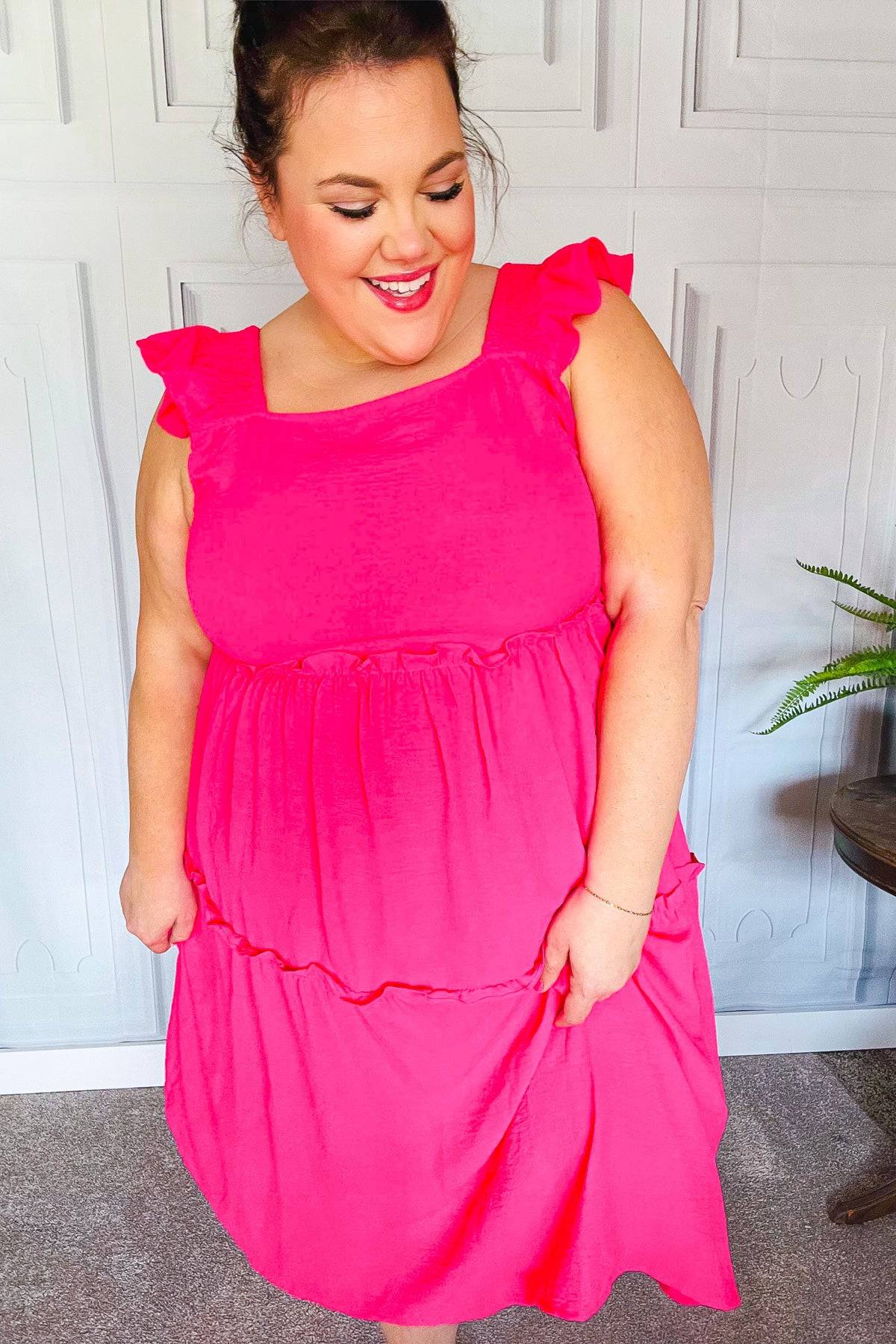 Lots To Love Fuchsia Smocked Flutter Sleeve Tiered Midi Dress - Luxe Mod 