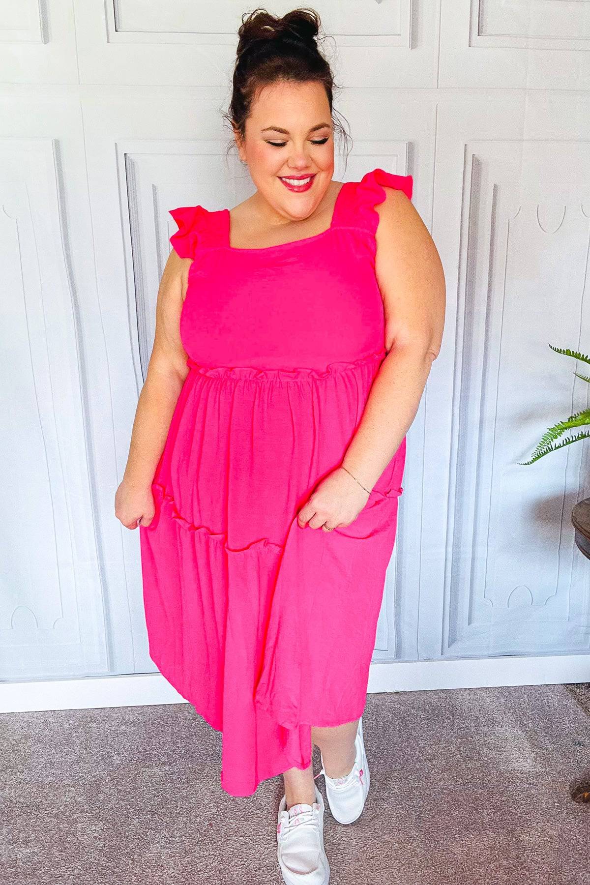 Lots To Love Fuchsia Smocked Flutter Sleeve Tiered Midi Dress - Luxe Mod 