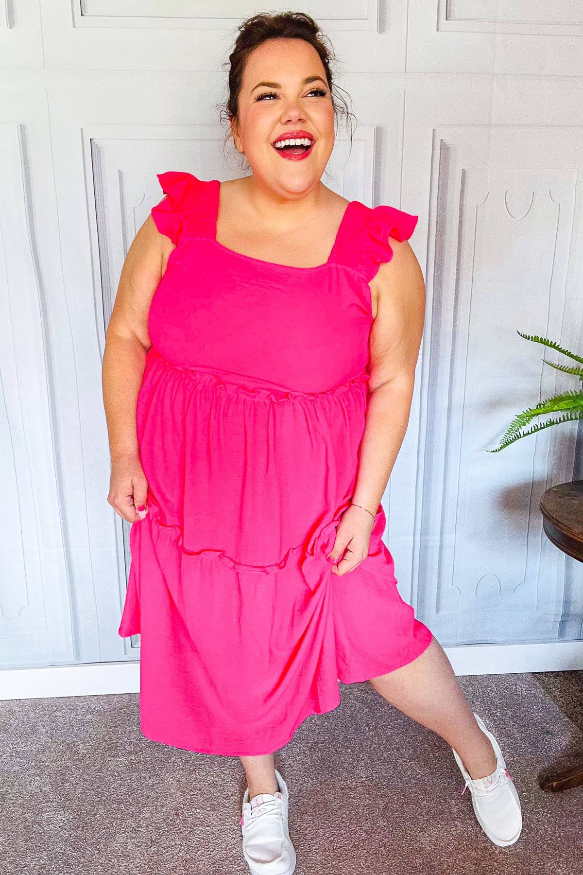 Lots To Love Fuchsia Smocked Flutter Sleeve Tiered Midi Dress - Luxe Mod 