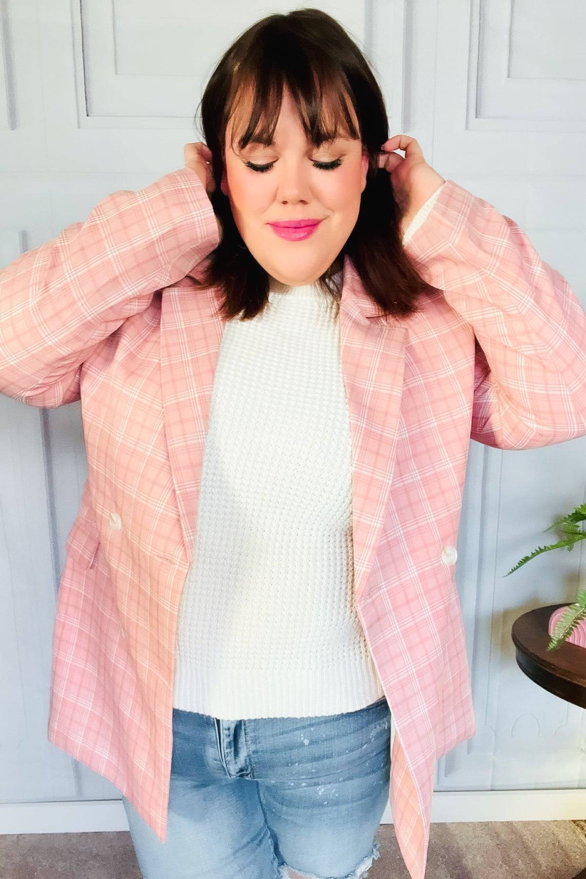 Get To It Pink Plaid Double Breasted Collar Lapel Blazer - Luxe Mod 