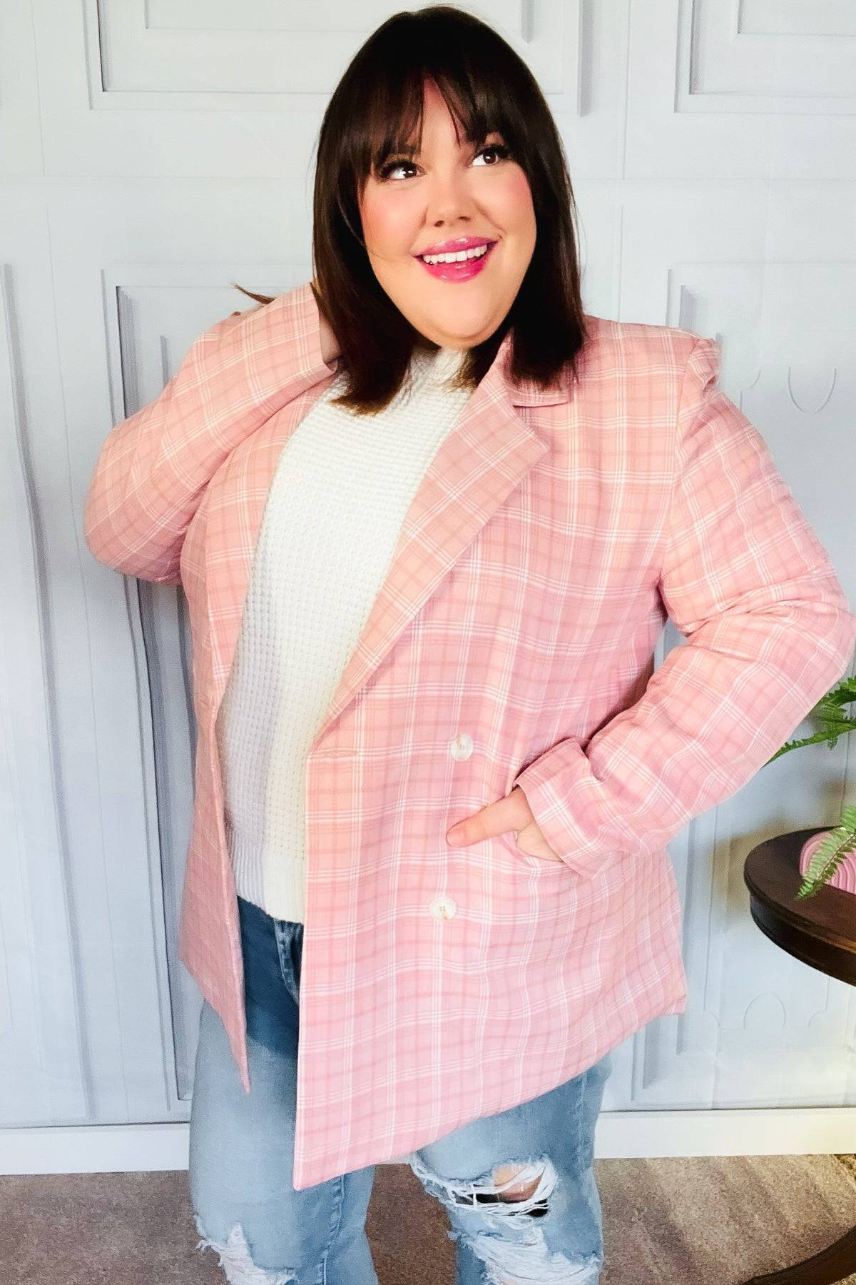 Get To It Pink Plaid Double Breasted Collar Lapel Blazer - Luxe Mod 