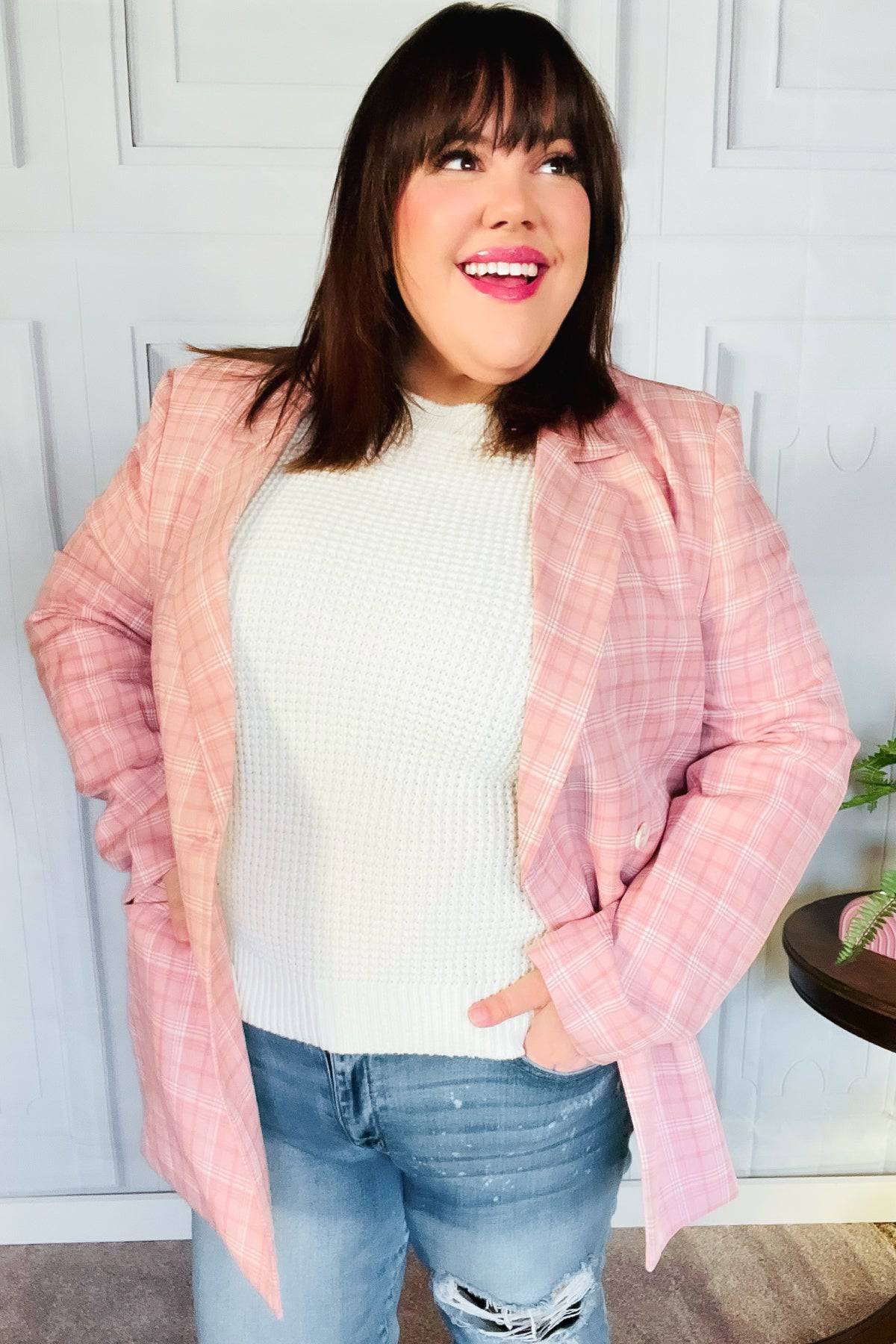 Get To It Pink Plaid Double Breasted Collar Lapel Blazer - Luxe Mod 