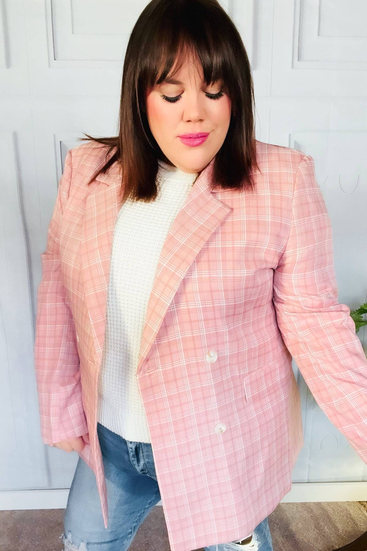 Get To It Pink Plaid Double Breasted Collar Lapel Blazer - Luxe Mod 