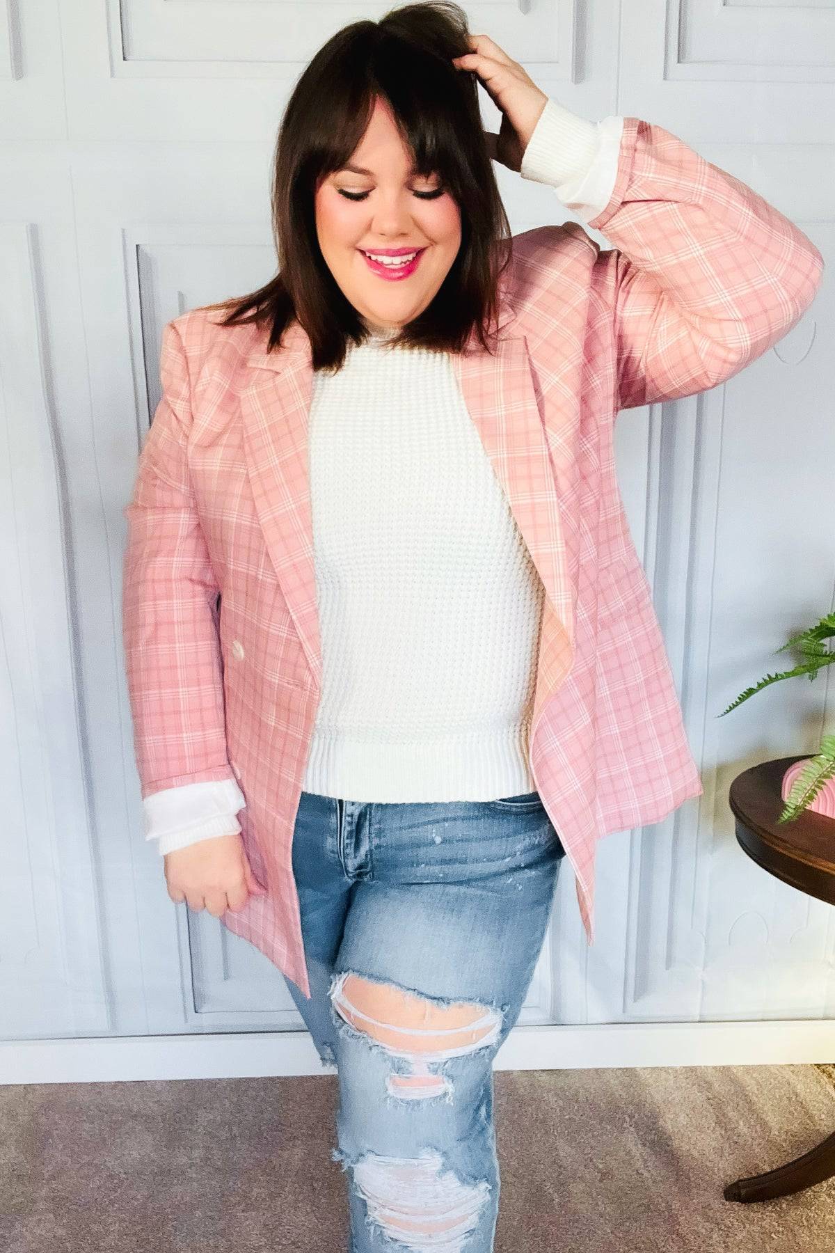 Get To It Pink Plaid Double Breasted Collar Lapel Blazer - Luxe Mod 