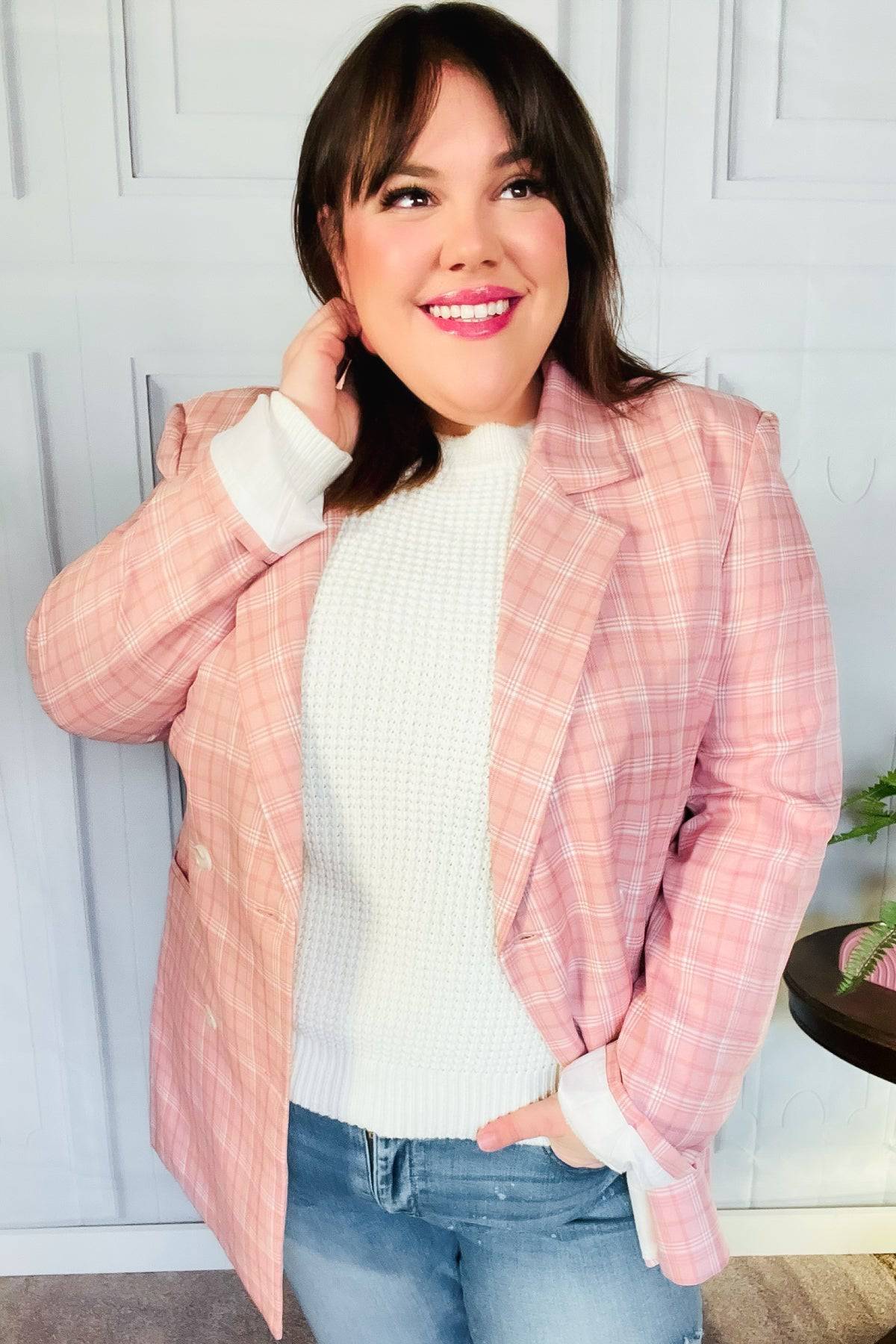 Get To It Pink Plaid Double Breasted Collar Lapel Blazer - Luxe Mod 