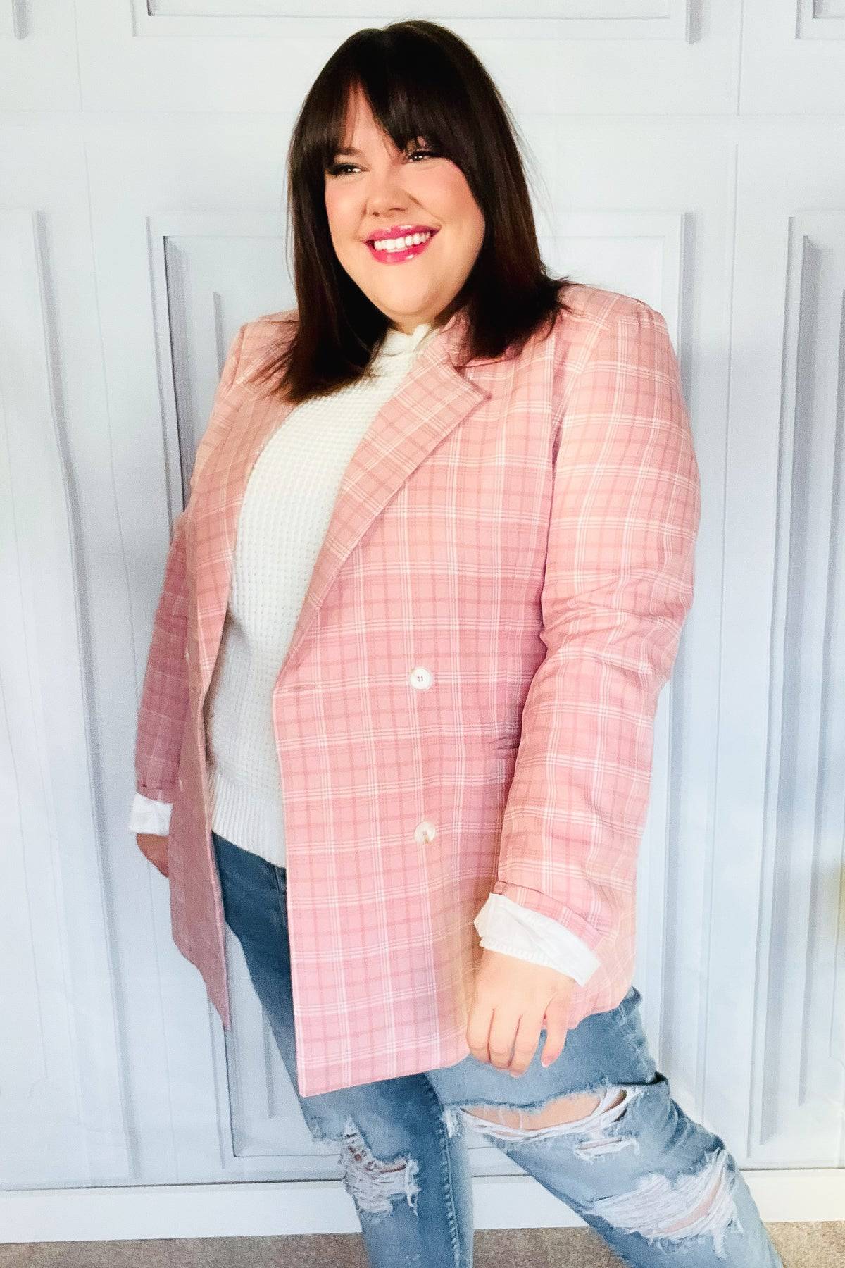 Get To It Pink Plaid Double Breasted Collar Lapel Blazer - Luxe Mod 