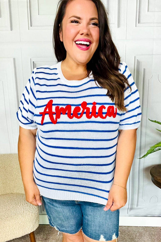 America Proud Blue Striped Embroidered Puff Sleeve Top - Luxe Mod 