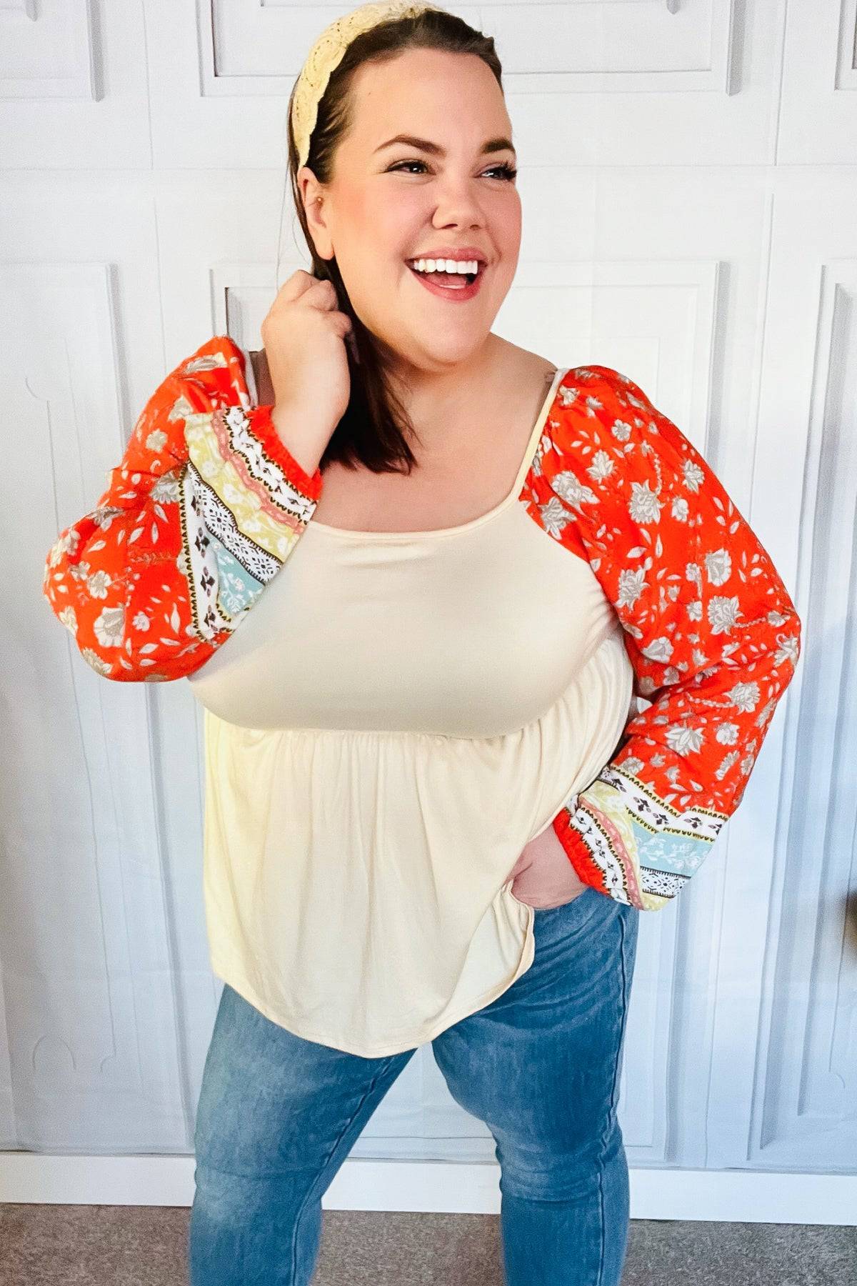 Hello Beautiful Oatmeal & Orange Square Neck Paisley Floral Blouse - Luxe Mod 