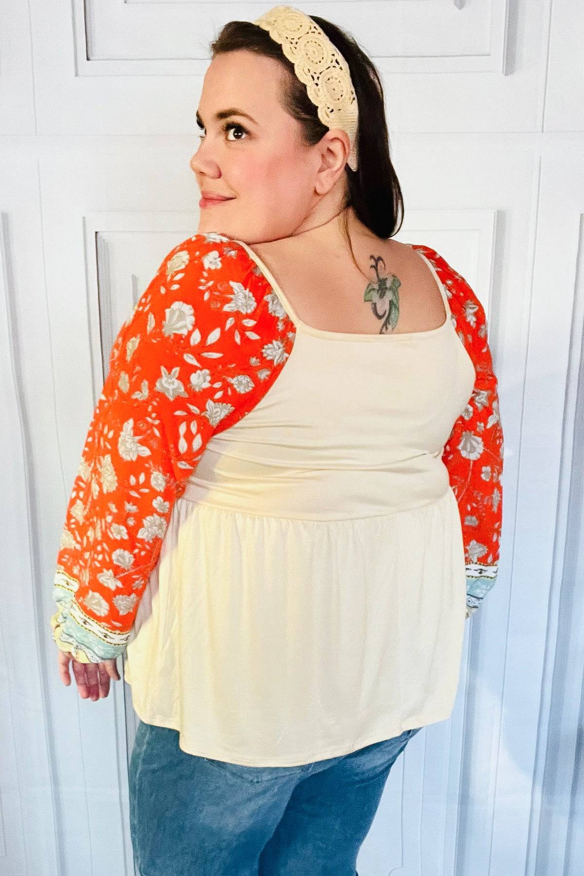 Hello Beautiful Oatmeal & Orange Square Neck Paisley Floral Blouse - Luxe Mod 