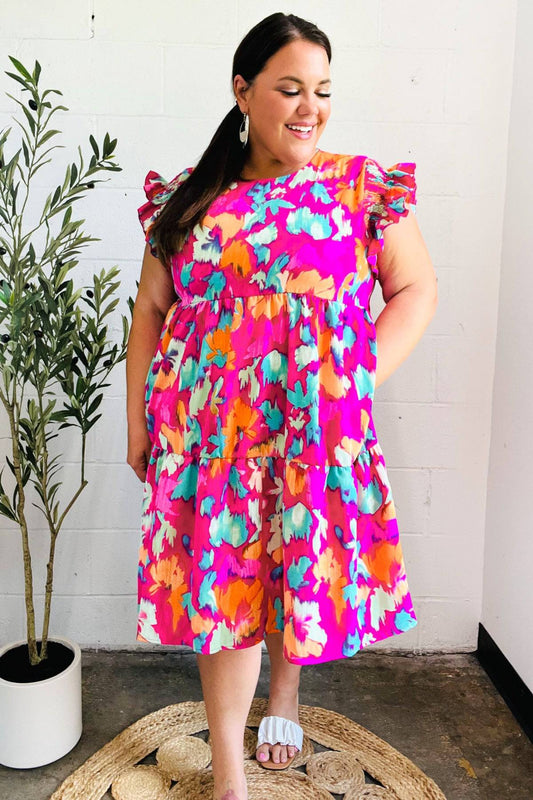 Look of Love Fuchsia Abstract Floral Print Smocked Ruffle Sleeve Dress - Luxe Mod 