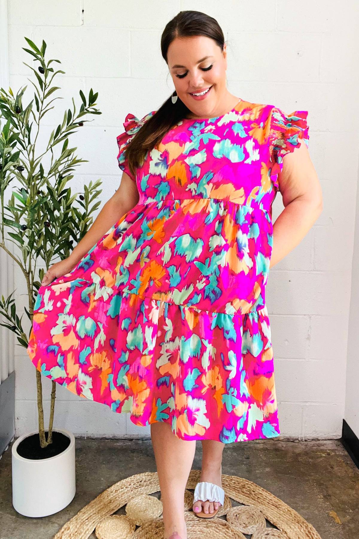 Look of Love Fuchsia Abstract Floral Print Smocked Ruffle Sleeve Dress - Luxe Mod 