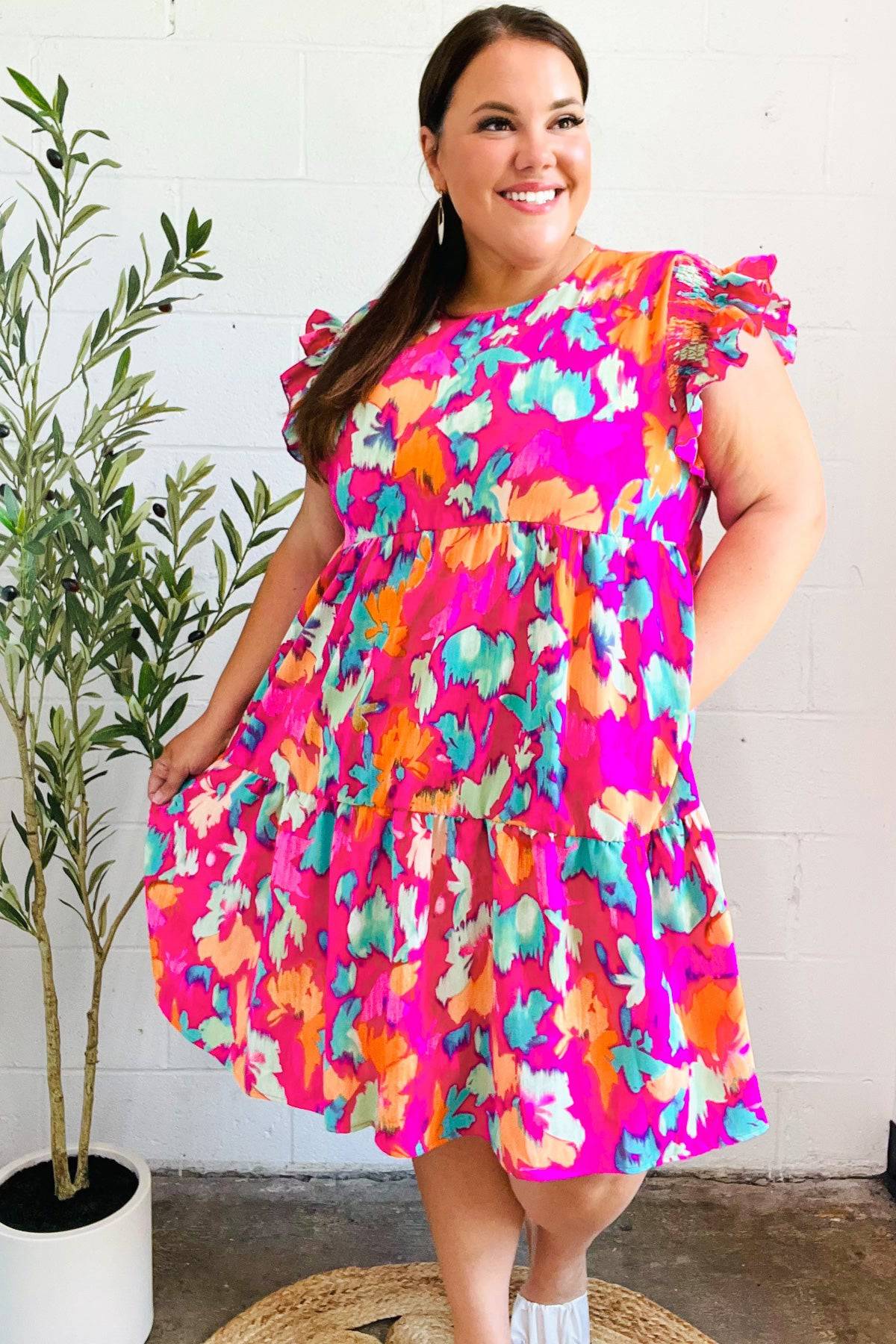 Look of Love Fuchsia Abstract Floral Print Smocked Ruffle Sleeve Dress - Luxe Mod 