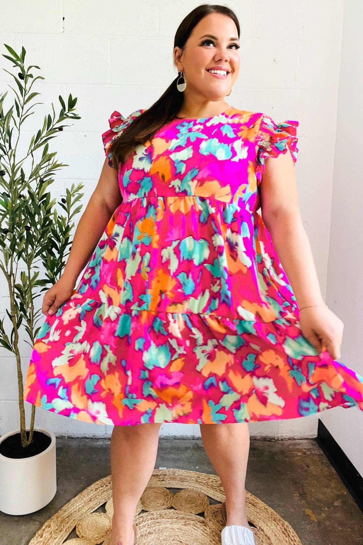 Look of Love Fuchsia Abstract Floral Print Smocked Ruffle Sleeve Dress - Luxe Mod 