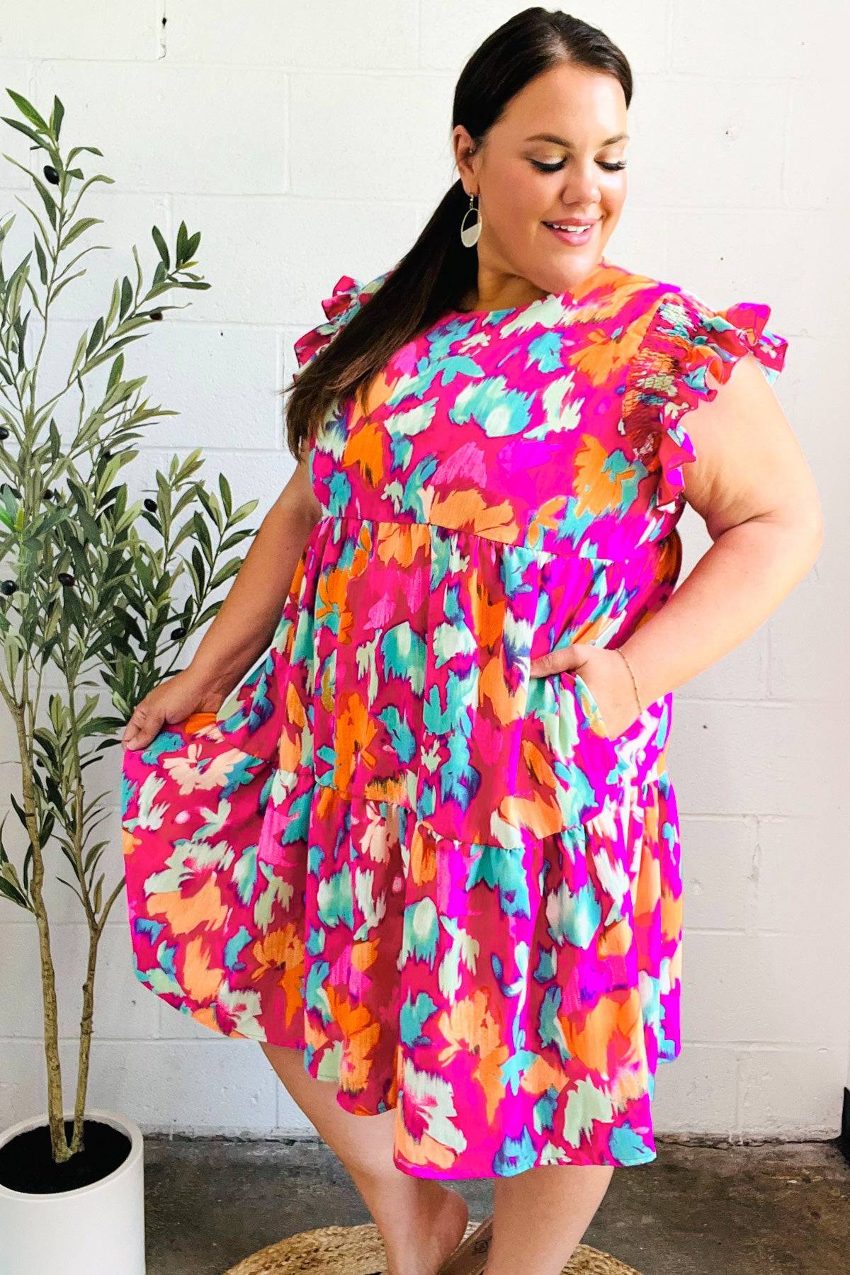 Look of Love Fuchsia Abstract Floral Print Smocked Ruffle Sleeve Dress - Luxe Mod 