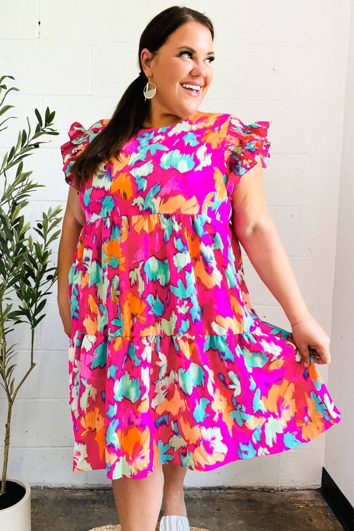 Look of Love Fuchsia Abstract Floral Print Smocked Ruffle Sleeve Dress - Luxe Mod 