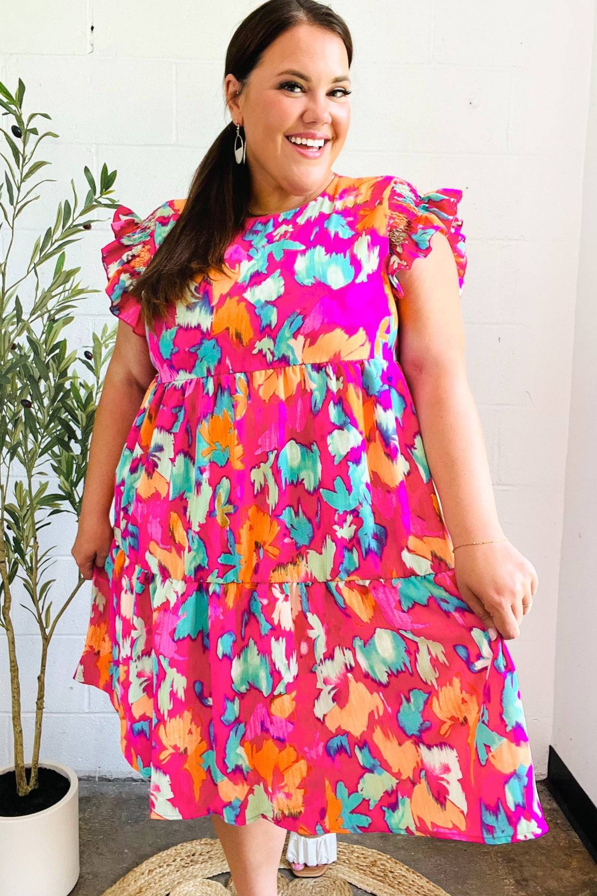 Look of Love Fuchsia Abstract Floral Print Smocked Ruffle Sleeve Dress - Luxe Mod 