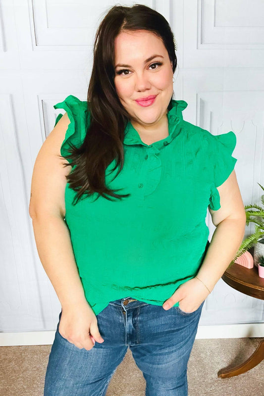 Glamorous In Kelly Green Textured Ruffle Mock Neck Top - Luxe Mod 