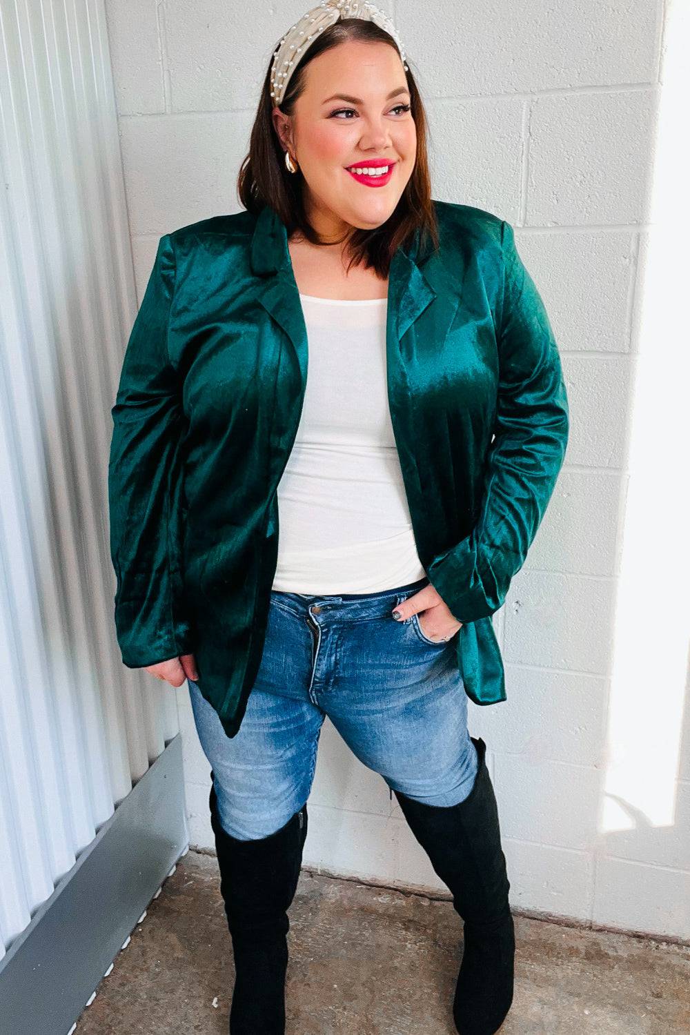 Dazzling Hunter Green Velvet Lapel Blazer - Luxe Mod 