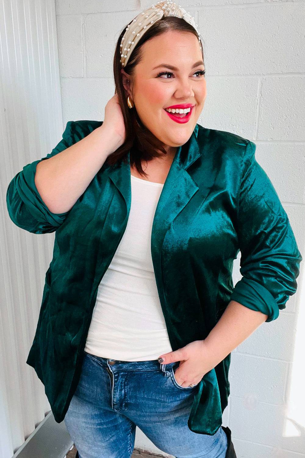 Dazzling Hunter Green Velvet Lapel Blazer - Luxe Mod 