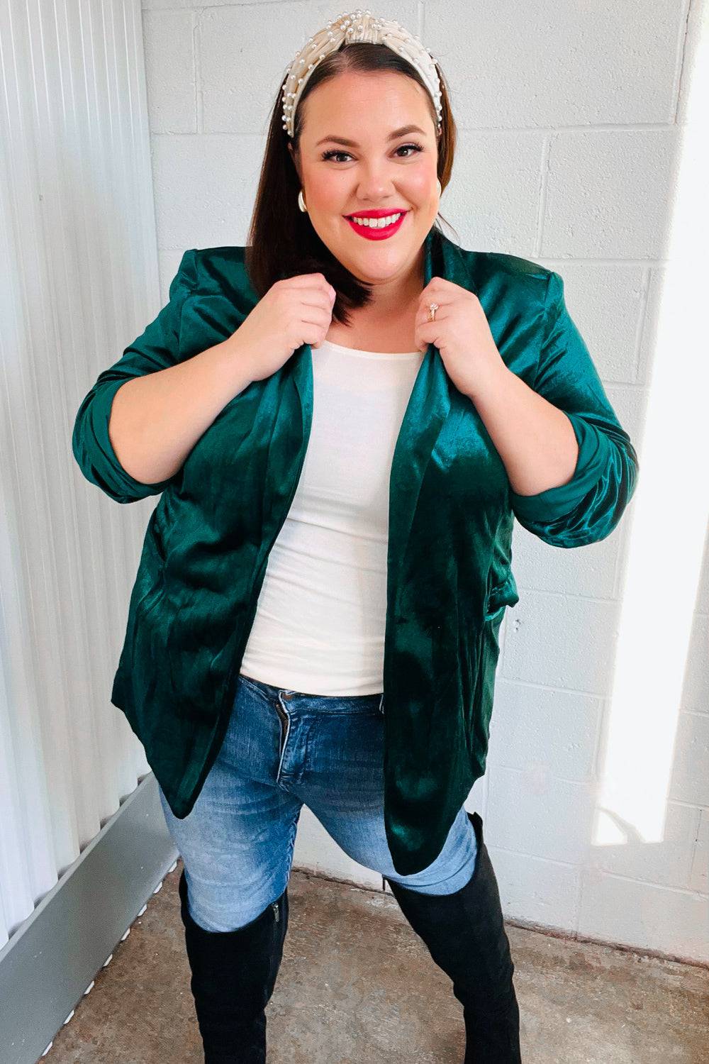 Dazzling Hunter Green Velvet Lapel Blazer - Luxe Mod 