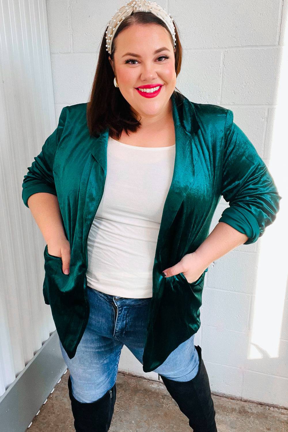 Dazzling Hunter Green Velvet Lapel Blazer - Luxe Mod 