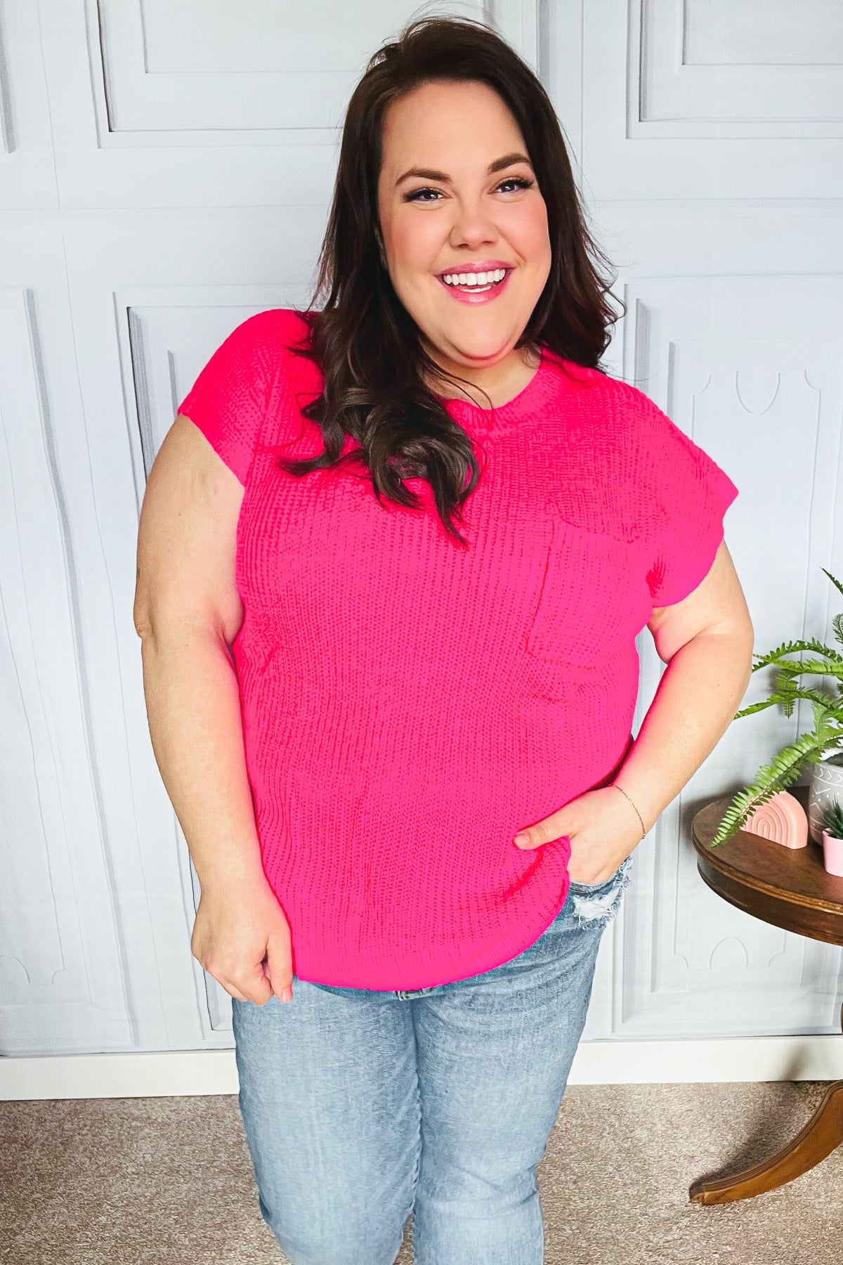 Best In Bold Hot Pink Dolman Ribbed Knit Sweater Top - Luxe Mod 