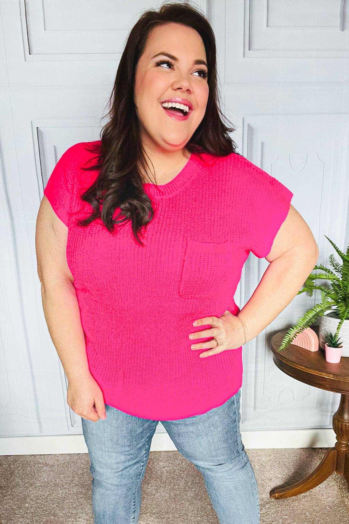 Best In Bold Hot Pink Dolman Ribbed Knit Sweater Top - Luxe Mod 