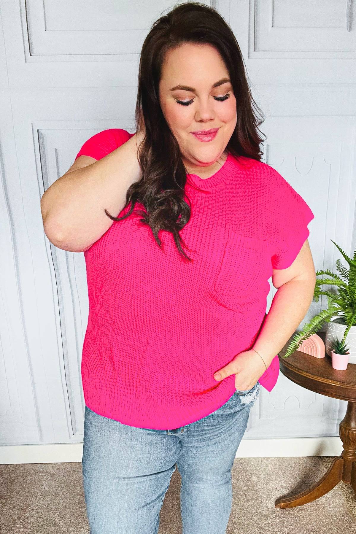 Best In Bold Hot Pink Dolman Ribbed Knit Sweater Top - Luxe Mod 