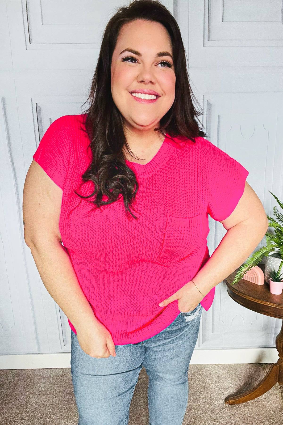 Best In Bold Hot Pink Dolman Ribbed Knit Sweater Top - Luxe Mod 