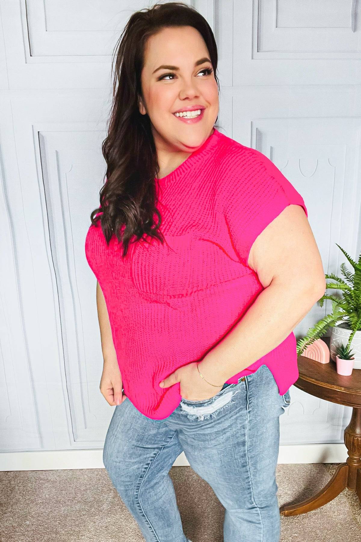 Best In Bold Hot Pink Dolman Ribbed Knit Sweater Top - Luxe Mod 