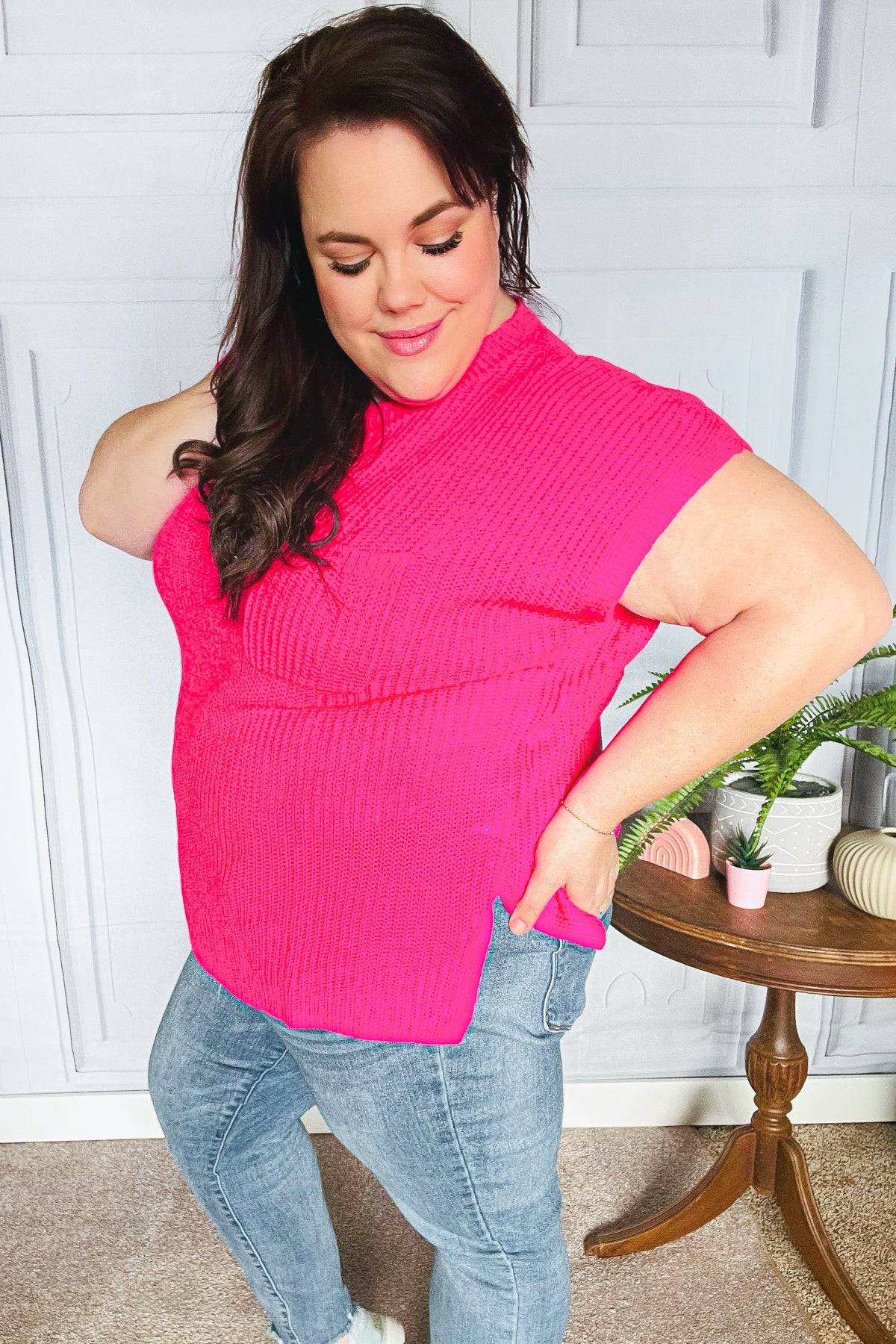 Best In Bold Hot Pink Dolman Ribbed Knit Sweater Top - Luxe Mod 